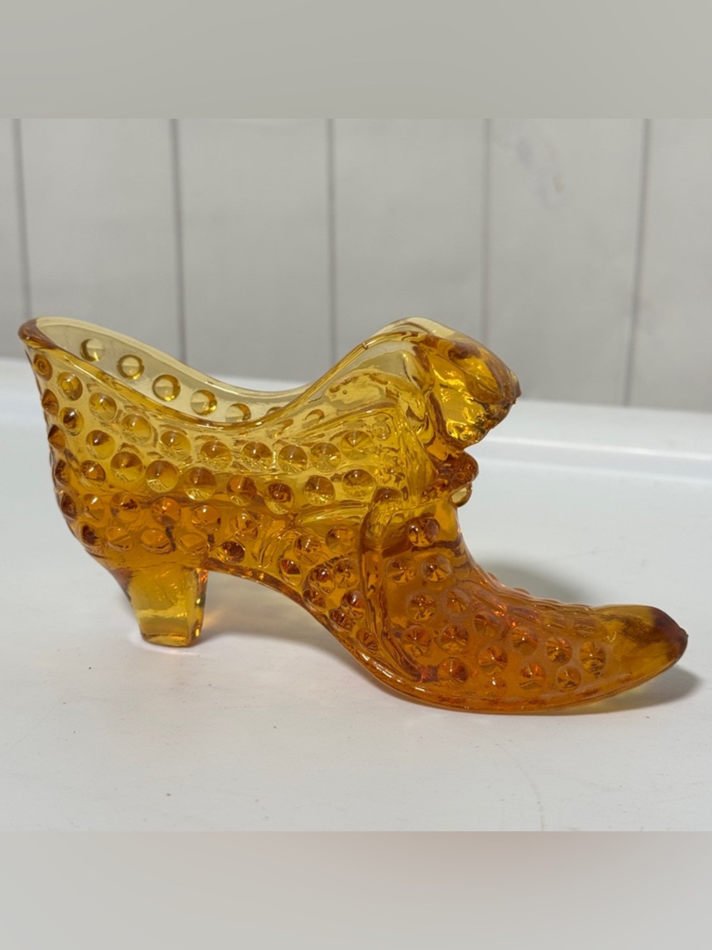 Vintage‎ Fenton Amber Glass Hobnail Shoe Slipper Boot Cat Head Figurine Decor